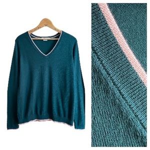 Boden Teal V-Neck Sweater with Pink Trim